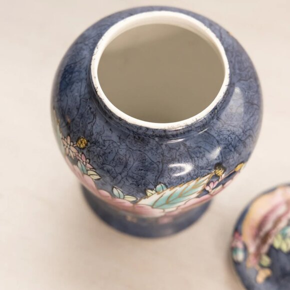 Small Blue Ceramic Lidded Ginger Jar with Gold Pink Green Floral Designs - Picture 4 of 5